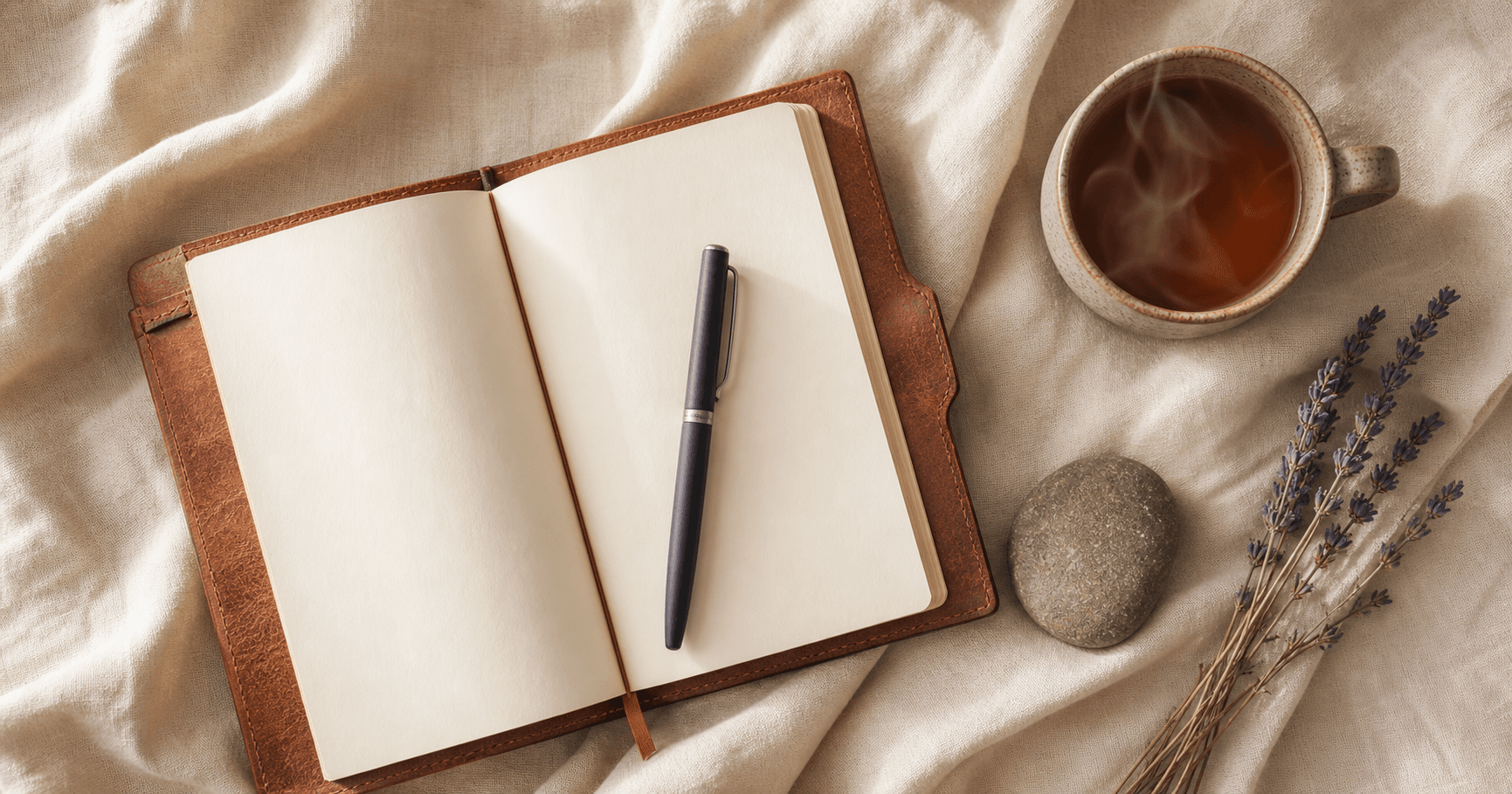 Flat lay of an open leather journal with pen, steaming mug of tea, smooth river stone, and dried lavender on cream linen in warm terracotta tones.